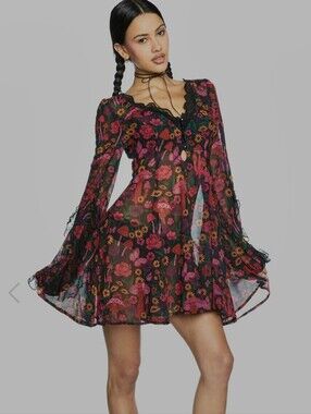 Current Mood Dolls Kill Daydreamer Floral Mushroom Lace Sheer Mini Dress - M